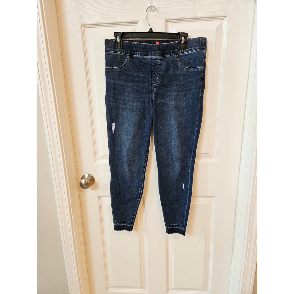 Spanx Petite Pull On Skinny Jeans Women’s XL Dark Wash Distressed Raw Hem